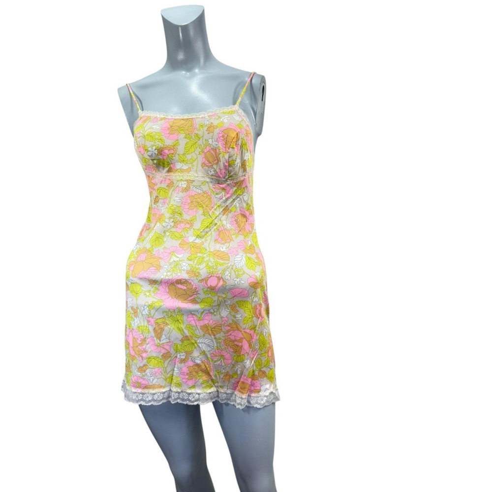 Women's Vtg Sz 32 Lorraine Lingerie Multicolor Mini Floral Slip Dress Boho Go Go